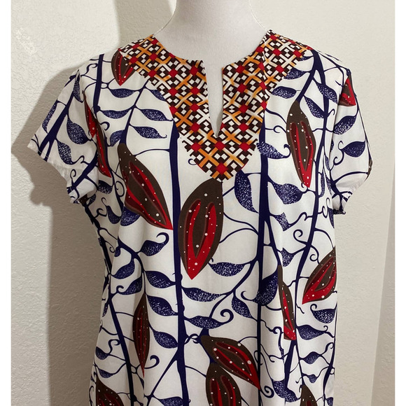 Women Red Blue Floral Shift Dress Short Sleeve Boho Unbranded Pockets - Picture 2 of 8